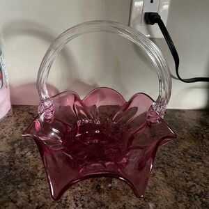 Vintage Cranberry Glass Basket with Clear Handle